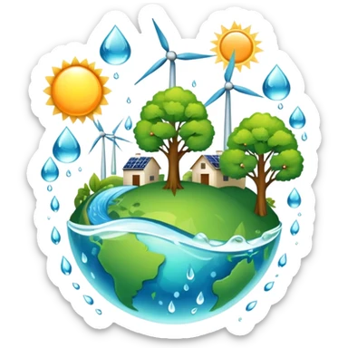 An icon featuring a green Earth, a tree, recycling symbols, and renewable energy sources like wind turbines, solar panels, and hydropower. The design includes animals, water droplets, and the sun, representing ecology, sustainable energy, and environmental protection. Transparent background. sticker