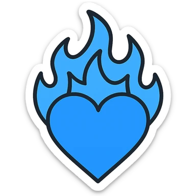 blue fire heart, vibrant and energetic, icon style sticker