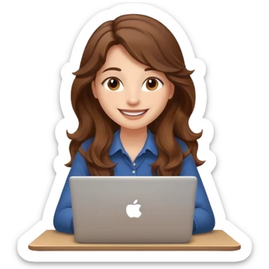 Sitting in front of a laptop in the style of a cute female developer. Not wearing glasses, smiling with long hair waves. Early 20s
 sticker