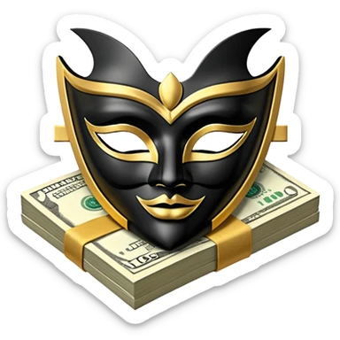 3D isometric icon, a sleek matt black Venetian mask with gold trim, resting on a single large stack of neatly bound US dollar bills, premium design, deep black background. sticker