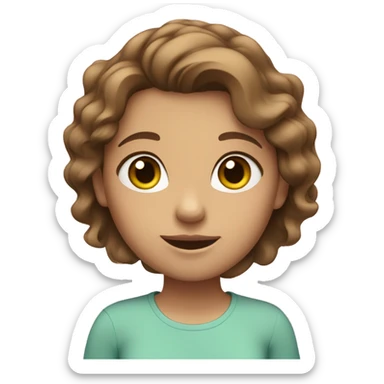 Girl with brown wavy hair, Blue/green eyes, a light tan and a pink shirt sticker