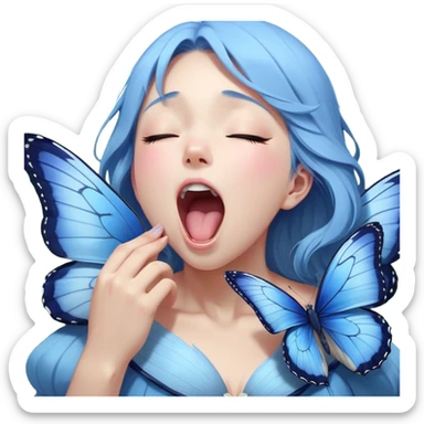 Cinematic Realistic Cute Yawning Blue Butterfly Portrait Emoji, Head tilted slightly with a dramatic, wide-open yawn, showcasing soft, downy sapphire wings with delicate, natural droop and half-closed, drowsy eyes rendered in exquisite detail, high shine, relaxed yet expressive, styled with a dash of subtle garden charm, soft glowing outline, capturing the essence of a sleepy yet affectionate blue butterfly that appears ready to rest its wings in quiet, enchanted slumber! sticker