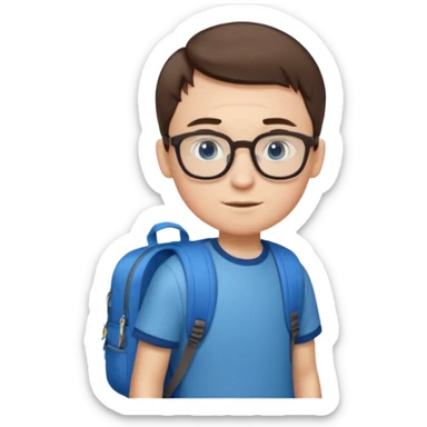 a boy with combover short brown hair and blue eyes, glasses, backpack sticker