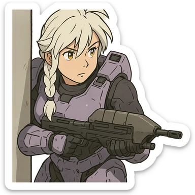 female, wearing reach spartan armor shoulder-unequip, long white braid hair with massive messy front side single bangs, gold yellow eyes, attention pose, HALO:series, no helmet, the armor is lavender color scheme, shoulder pad off. DDD bust size fitting. , peeking around a corner while aiming a classic HALO1 AR, tactical, lean sticker
