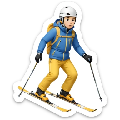 Man, skiing, White helmet, blue Jacket, yellow trousers, background Matterhorn sticker