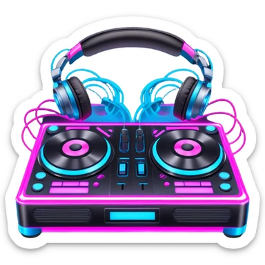 Create a dynamic and modern emoji that represents electronic music and DJing. The design should feature a DJ controller with two vinyl turntables, DJ headphones, and glowing sound waves or a waveform to symbolize the energy of mixing and electronic beats. Use vibrant neon colors like electric blue, neon pink, or green to represent the futuristic and pulsating nature of electronic music. Add subtle details of flashing lights or abstract patterns to evoke the nightclub or festival atmosphere. The background should be transparent. sticker