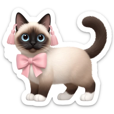 A fluffy Siamese cat with tassels on its ears and white paws, with a light pink bow. sticker