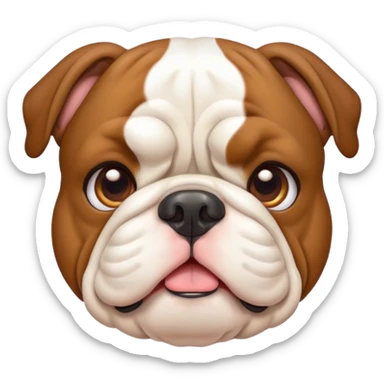 Cinematic Cute Brown and White English Bulldog Portrait Emoji, Head tilted playfully and inquisitively, featuring a glossy brown and white coat with distinct patches, round, sparkling brown eyes filled with curiosity, Simplified yet irresistibly adorable features, highly detailed, glowing with a warm, friendly glow, high shine, affectionate and charming, stylized with a touch of whimsy, bright and endearing, soft glowing outline, capturing the essence of a mischievous yet loving companion, so playful it feels like it could bound out of the screen and into your arms! sticker