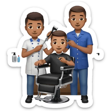 Barber cutting boys hair. Show the boy sat in black barber chair and both having smiles on their faces sticker