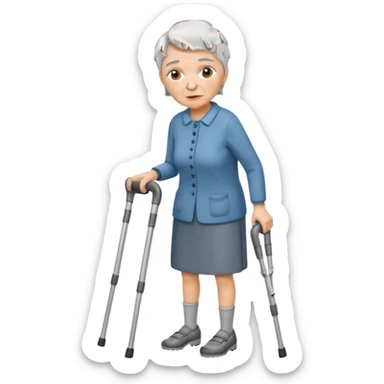 elderly woman with pants short grey hair using crutches and with a sorry look sticker