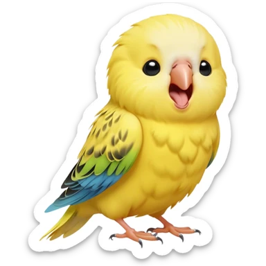 Cinematic Cute Yawning Yellow Budgie Portrait Emoji, Head tilted slightly with a dramatic, wide-open yawn, showcasing a soft, downy yellow feathered fur with gently drooping wings, round dark eyes barely open in drowsy contentment, Simplified yet irresistibly adorable features, highly detailed, glowing with a soft, cozy glow, high shine, relaxed yet expressive, stylized with a touch of whimsy, bright and endearing, soft glowing outline, capturing the essence of a sleepy yet affectionate budgie, so drowsy it feels like it could stretch out of the screen and curl up for a nap! sticker