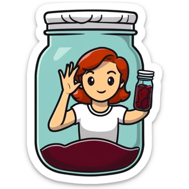 redhead woman showing a glass jar with jam at arms length, closeup sticker
