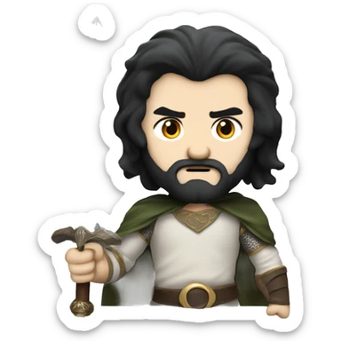 lord of the rings character, white man with black hair, footballer haircut and a sword, ready to fight sticker