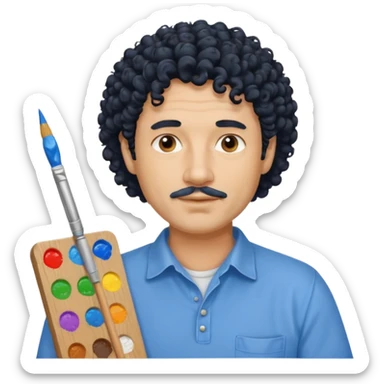 homme 50 ans cheveux frisé noir artiste peintre chemisse bleu sticker