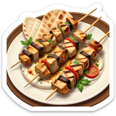 cinematic-realistic-souvlaki-dish-emoji,-showcasing-skewered,-2 grilled-chicken-with-mediterranean-spices-rendered-with-dynamic-textures-and-warm,-appetizing-lighting on pita bread on a plate sticker