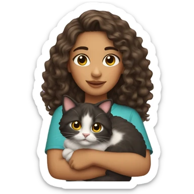 Hispanic Girl with long curly hair holding cat  sticker