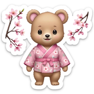 A cute baby bear character in pastel style, standing upright like a human. 
Light brown soft fur, large round ears, rounded paws and feet. 
Big cute black dot eyes, medium blush cheeks, and a tiny smiling mouth. 
Wearing a pink kimono with soft cherry blossom patterns on the sleeves and bottom,  sticker