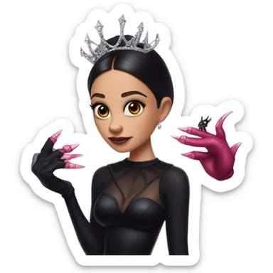low cut back black evening gown with see-through gloves, Jenna Ortega as Addams woman prom queen wearing a mini tiara, very large blood  pink evil-looking horned old dragon companion sticker