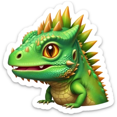 Cinematic Cute Iguana Portrait Emoji, Head tilted playfully and inquisitively, featuring a delightfully vibrant, textured body with a subtle spiky crest and large, sparkling eyes full of gentle wonder, Simplified yet irresistibly adorable features, highly detailed, glowing with a warm, inviting jungle glow, high shine, affectionate and lively, stylized with a touch of whimsical reptilian charm, soft glowing outline, capturing the essence of a mischievous yet loving iguana that seems as if it could scurry out of the screen into your arms! sticker