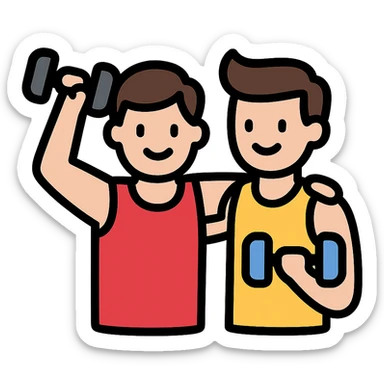 two male gym buddies, friendly, working out together, simple and clear icon style design sticker