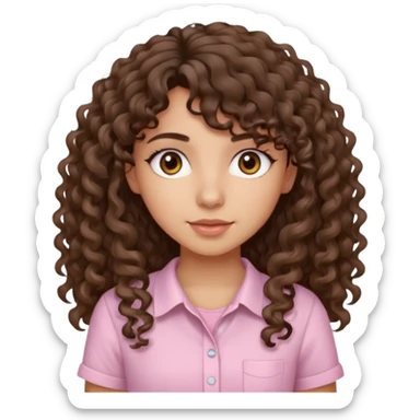 A Latina girl with brown eyes and long loose curly hair with curly bangs with a light pink shirt sticker