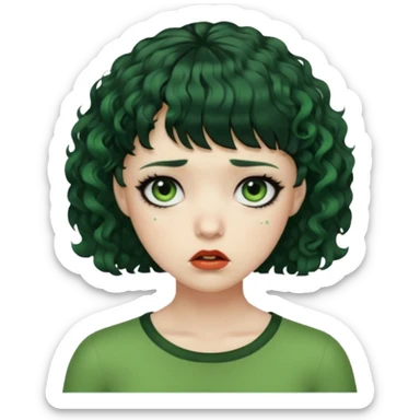 quero que você cria uma mulher, o rosto dela. nela, ela tem cabelo curto e ondulado, tem franja e ela tem semblante triste, deixe ela com pele verde e com cabelo cacheado( ela tem que ter semblante assustador e muito triste, ela pode ter olhos totalmente preto ou vermelho) sticker