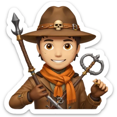 male human monster hunter emoji, wearing brown leather coat and wide hat, holding crossbow or rifle, with amulet shaped like skull, Halloween fantasy theme, confident smile, orange scarf, Apple emoji style, clean white background, square image sticker