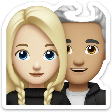Blonde girl with blue eyes in black sweater and an east asian with light skin man with black hair and black eyes hugging sticker