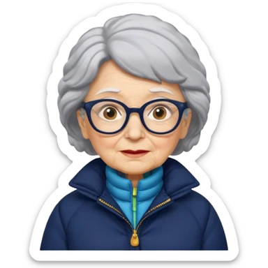 old wo man in navy puffy winter coat, wearing glasses sticker