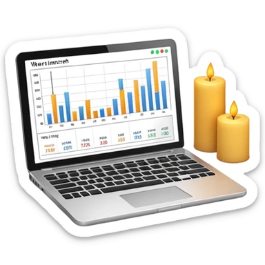 Minimal 3D emoji style laptop with stock market chart on screen, candlestick chart and small line graph, financial trading interface, neutral colors, professional look, clean shading, no bright colors, no brand logos, isolated on transparent background, modern emoji design sticker