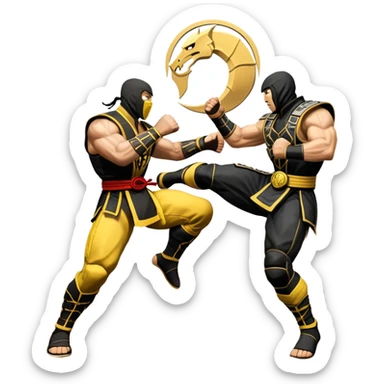 An icon showing two fighters in combat poses, inspired by Mortal Kombat. One character delivers a powerful kick, while the other blocks. The background features an iconic arena from the game with life bars at the top, symbolizing intense battles. Transparent background. sticker