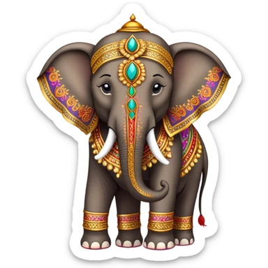 Decorated Indian elephant – Cinematic Realistic Decorated Indian Elephant, depicted as a majestic elephant adorned with vibrant, ornate ceremonial decorations and rich, colorful fabrics, set against a festive Indian backdrop with warm golden lighting that highlights its cultural significance. sticker