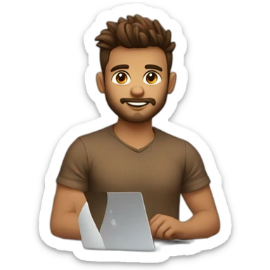 Not fat but fit Wearing a shirt No glasses Cute programmer on his laptop looking front with a brown quiff as a hair and brown eyed with a bit of a beard sticker