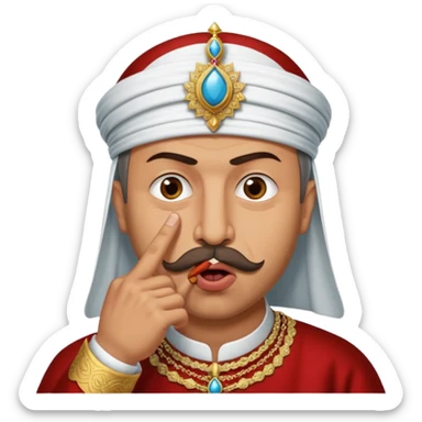 A turkish Sultan putting a finger in front of his mouth while his eyes are pure white, HE IS EXTREMELY INSANE AND CRAZY sticker