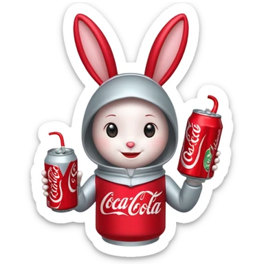 Red soda can as its head and a body resembling a bottle can . The can has large, friendly eyes and a smiling facial expression. The character’s bunny long ears are also red, and it has sliver accents on either side. The body displays the Coca-Cola logo prominently. sticker