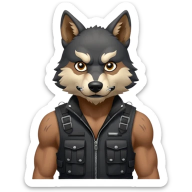 A black anthropomorphic wolf with white marks, he is wearing a muzzle, and his ears are standing up with a variety of piercings. He has a black tactical vest on, and he is in a grumpy mood, his arms just hanging by his side sticker
