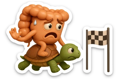  EMOJI STILE IPHONE 3D DI UN INTESTINO CON ESPRESSIONE ANGOSCIATA CHE CAMMINA SEDUTO IN GROPPA SUL GUSCIO DI UNA TARTARUGA IN ATTESA ESTENUANTE DI RAGGIUNGERE UN TRAGUARDO POCO PIù AVANTI, SULLA LORO DESTRA. IL TRAGUARDO è UNA BANDIERA A DUE PIEDI CON FASCIA A SCACCHI BIANCHI E NERI. iperrealistico 4k sticker