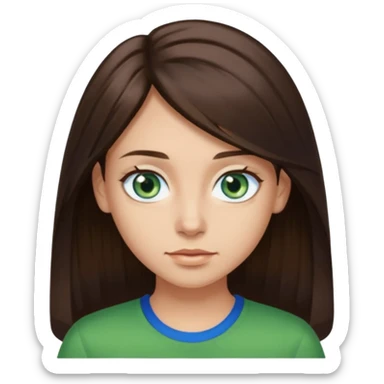 long dark brown hair with highlights in the front, big blue eyes clear skin with neck and green top on sticker