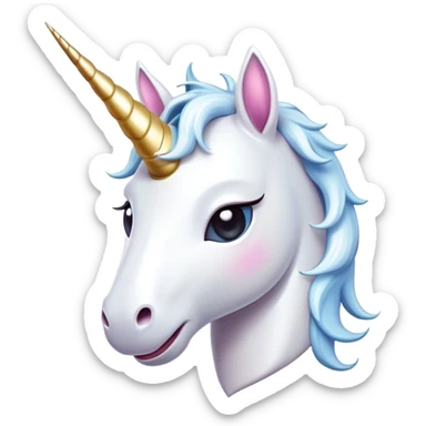 Cinematic Comical White Unicorn Portrait Emoji, Head tilted dramatically with an exaggeratedly amused expression, featuring a slender, radiant form with a playfully sparkling horn and wide, comically expressive eyes full of enchanting disbelief, Simplified yet hilariously expressive features, highly detailed, glowing with a slightly sassy magical glow, high shine, dramatic yet playful, stylized with an air of cheeky mythic mischief, soft glowing outline, capturing the essence of a meme-worthy white unicorn that looks ready to prance its way into viral fame! sticker