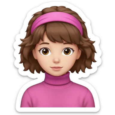 brown fluffy haired girl with pink turtleneck sweater and hair band sticker