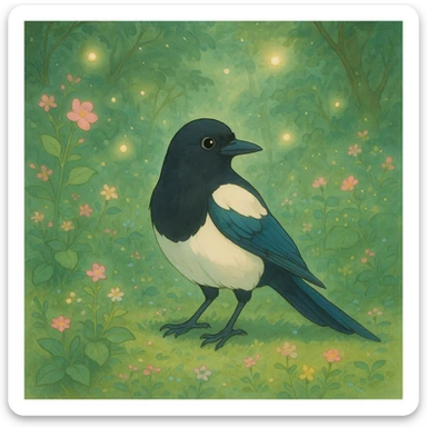Eurasian magpie, ghibli style, gentle and magical atmosphere sticker