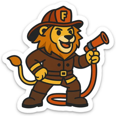 Change the fireman uniform to a vintage firefighter outfit, keep the lion heroic and vibrant, no background. sticker