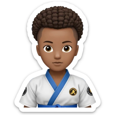 black karate instructor with pony tail afro hair and shaved bald sides haircut, Make the hair brown and the belt blue. Add the roger Gracie academy logo on the go also and the p logo of progress jiu jitsu on the right arm at the top sticker