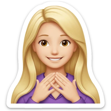 Girl with long blonde hair smiling with hands laying flat in a v shape under chin  sticker