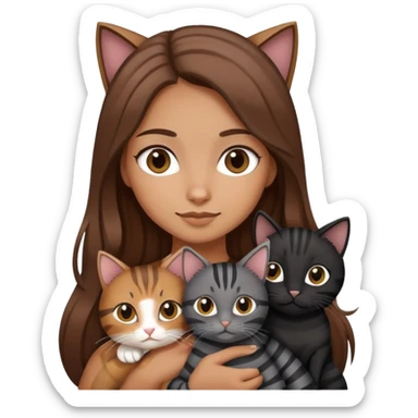 tan girl with long brown hair holding two cats, one black cat and one grey-striped cat sticker
