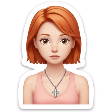 Auburn ginger haired girl with eyelashes wearing a cross necklace and a light coral pink tank top sticker