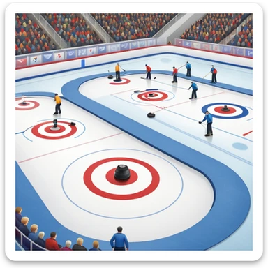 An icon showing a curling match on an indoor ice stadium, with a polished curling stone gliding toward the target and players sweeping. Spectators watch from stands, and flags hang above the rink. Transparent background highlights strategy and focus in the sport of curling. sticker