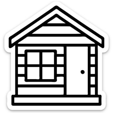 simple, bold icon of a house facade with visible siding panels, a prominent window, and a door, professional style for a construction company sticker