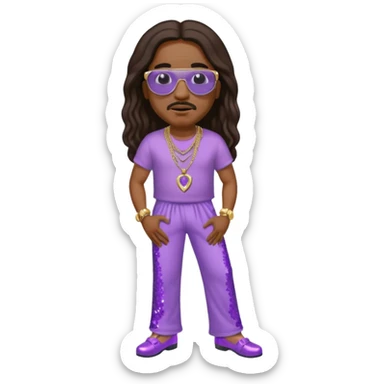 Stevie Wonder with long dark brown hair, lilac sequin baggy pants, shirtless with necklace sticker
