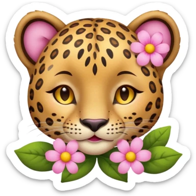 A cutE leopard face with eyes closed and a peaceful smile. A pink flower with a yellow center is tucked behind its right ear, adding a charming and gentle touch.  sticker